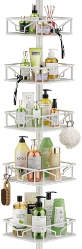 Skycarper 5 Tier Adjustable Corner Shower Caddy Organizer with Hooks,Rustproof Tension Pole 62-116 Inch,White - color: White
