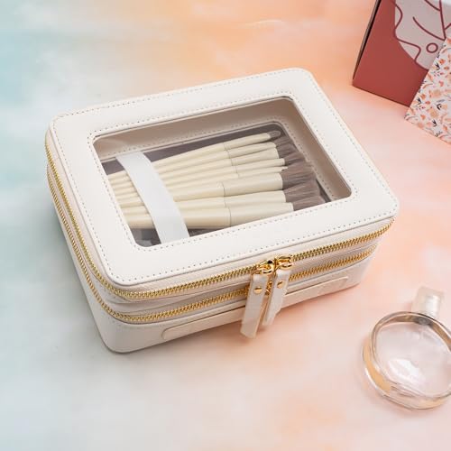Aveniee Large Clear Makeup Bags, Double Layer Cosmetic Bags with Separate Brush Compartment, Travel Toiletry Bag Cosmetic Train Case, Travel Accessories Organizer for Women(2 Layers, White) - color: Off-White, style: Dual Layer