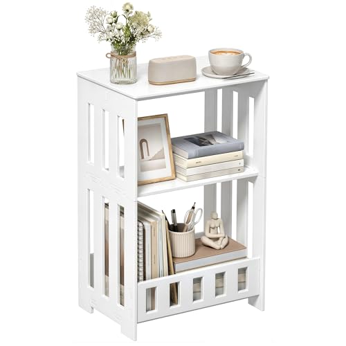 HAYOFAMY 3 Tier Side Table Night Stand, Narrow End Table with Display Shelf, Small Bookcase Bookshelf, Simple Bedside Table Storage Rack for Bedroom, Living Room, Office, Bathroom, White