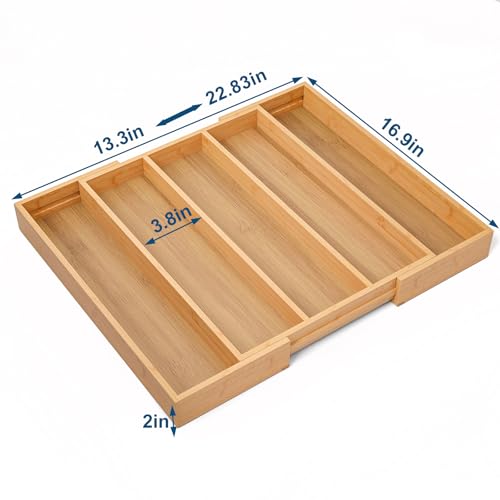 Fibogollo Expandable Kitchen Drawer Organizer,Bamboo Silverware Organizer,Adjustable Flatware Tray for Utensils(16.92 * 13.30~22.83 * 1.96)