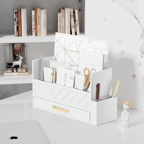 WISUCART Bamboo Desk Organizer Mail Holder Countertop Wood Desk Drawer Tabletop Storage Box Pen Holder Letter Sorter Makeup Organizer for School Home Office Supplies with Pen Holder White - color: White with Pen Holder