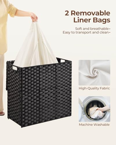 Greenstell Laundry Hamper with lid, No Install Needed, 130L Wicker Laundry Baskets Foldable 2 Removable Liner Bags, 2 Section Clothes Hamper Handwoven Rattan Laundry Basket with Handles, Black - color: Black, size: 130L (26.2x13.3x24.0 Inches)