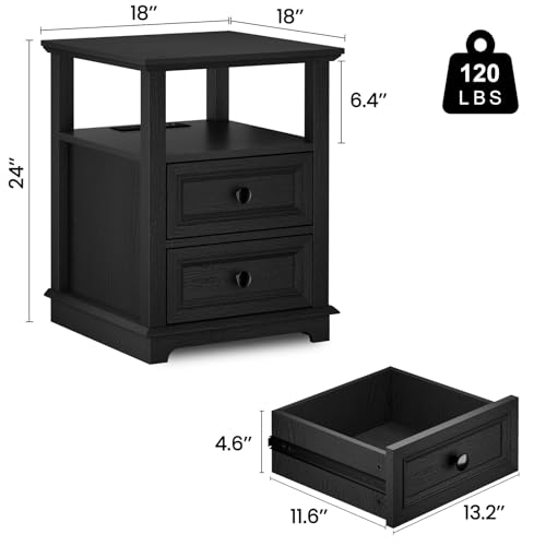 REDAYFUR End Table with Fast USB C Charging Station,18" Wide Sofa Side Table with 2 Drawers, Large Storage Rustic Wood Square Storage Cabinet for Living Room, Bedroom, Office, Black - color: Black, size: 1 Piece