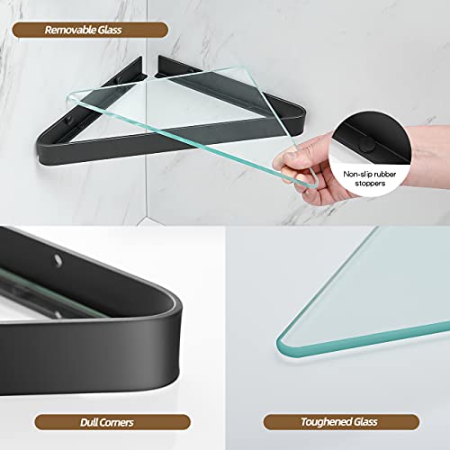 VOLPONE Bathroom Shelves Wall Mounted Glass Corner Shower Shelf for Bathroom Floating Shelf Tempered Glass Wall Organizer 2-Tier(Black) - color: Black(triangular)