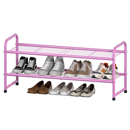SUFAUY 2 Tier 33" Wide Shoe Rack, Closet Metal Wire, Stackable, Pink - color: Pink, size: 2 Tier