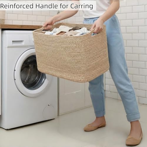 Optish 95L Large Blanket Basket, Woven Storage Baskets with Reinforced Handles, Rope Laundry Basket for Living Room, Bedroom, Nursery, Toys, Clothes,Pillows, 24” x 17” x 13.5”, Brown - color: Brown, size: 24" x 17" x 13.5"(95L)