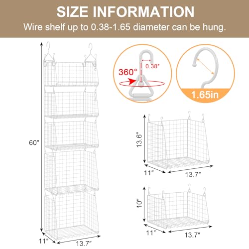Sonyabecca 5-Tier Hanging Laundry Basket Organizer: Foldable Wire Shelf Basket with 4 Large Hooks 1.65" & 360°Rotating Hooks – Space-Saving Laundry Room Organization for Wardrobe Closet, White Patent - color: White, size: 5-Pack 13.7*11*60inch