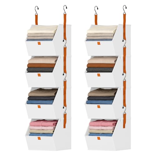 DIMJ Hanging Closet Organizer - 4 Tier Collapsible Hanging Shelves with Hooks Zipper, Fabric Clothes Organizer, Space-Saving Storage Bin Basket for RV, Bedroom, Laundry Organization - color: White, size: 8 Pack