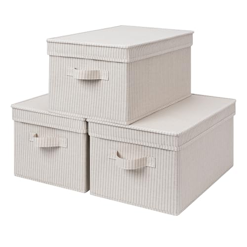 StorageWorks Storage Bins with Lids, Decorative Storage Boxes with Handles, Foldable Storage Baskets for Closet, Shelves, Stackable, Khaki Stripe, Large, 3-Pack - color: Khaki Stripe, size: Large
