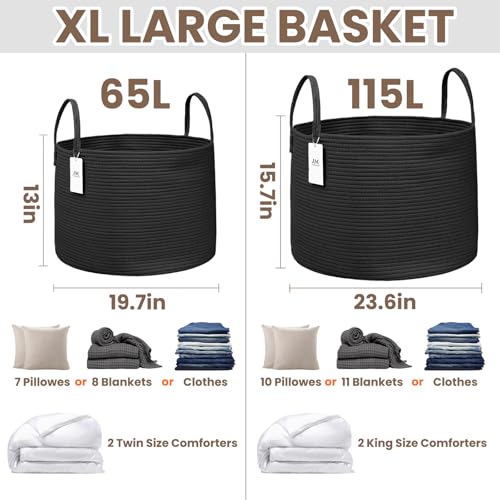 JMvicyroam 115L Extra Large Blanket Basket for Living Room - Woven Cotton Rope Laundry Hamper with Reinforced Handles - Storage Bin for Pillows, Comforters & Toys - Machine Washable,Black - color: Black, size: 115L