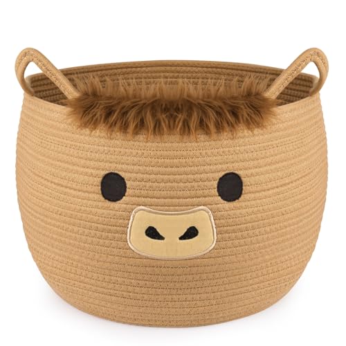 Highland Cute Cow Basket for Nursery, Large Blanket Gift Basket, Woven Rope Cotton Storage, Baby Laundry 0rganizer with Ears Handles, Towels Toy Clothes Gifts Storage Cat Dog Bin,13"D×11.5"H - color: Brown, size: 13"D × 12 "H