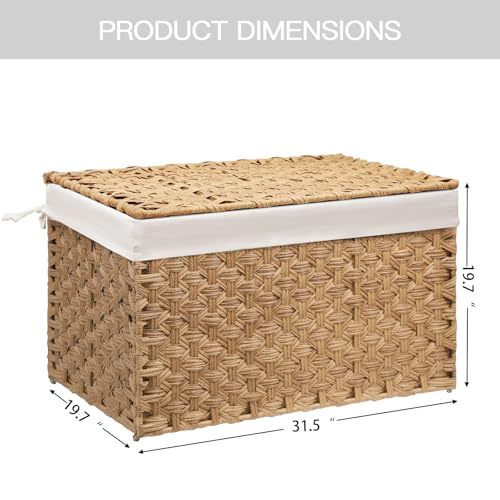 Wicker Storage Basket with Lid, 52.8 Gallon (200L) Large Blanket Basket with Lid, Woven Storage Bin with Handles, Removable Liner, Metal Frame, Foldable, for Bedroom, Laundry Room, Natural - color: Natural, size: 200L:19.7 x 31.5 x 19.7 Inches