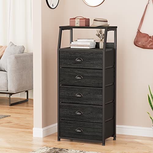 Furnulem Black Dresser with 5 Drawers, Vertical Storage Tower Fabric Dresser for Bedroom, Hallway, Entryway, Nursery, Closet Organizer, Nightstand Bedside Table Furniture, Sturdy Steel Frame, Wood Top - color: Black Oak, style: 5 Drawers