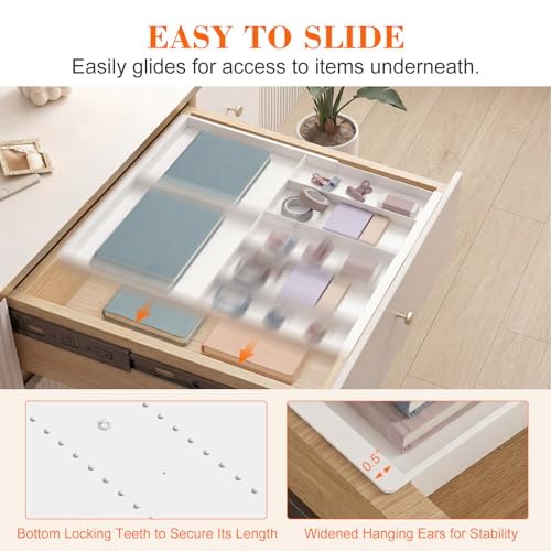 Briwooody Expandable Drawer Tray with Adjustable Dividers, 12.6-19.96 Inch Hanging Sliding Desk Organizer, 1.18'' Deep White Office Storage for Pens Paper Clips Sticky Notes Tape, Desk Accessories