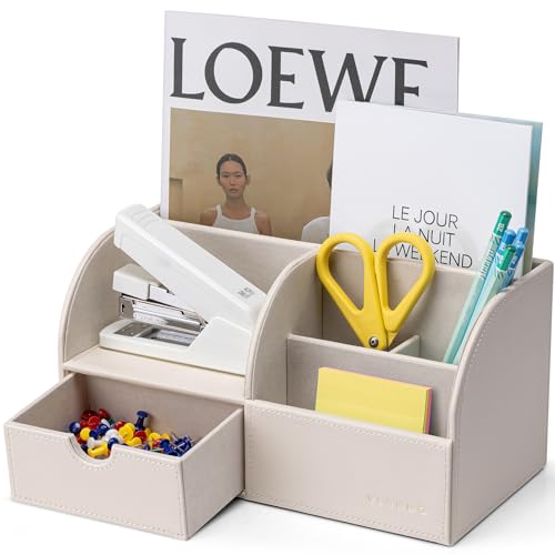 Vlando Office Desk Organizer Leather Desktop Organizer Caddy with Drawer for Storing Desktop Supplies and Accessories (White) - color: A.White
