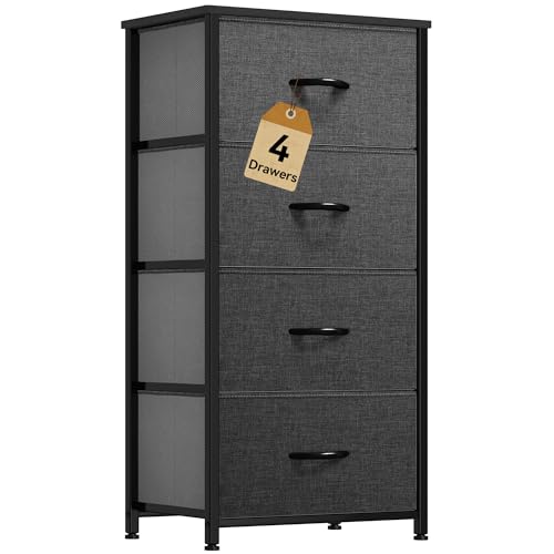 DWVO Storage Tower with 4 Drawers - Fabric Dresser, Organizer Unit for Bedroom, Living Room, Closets - Sturdy Steel Frame, Easy Pull Fabric Bins & Wooden Top - color: B - Black Grey Fabric, style: 4-Drawer