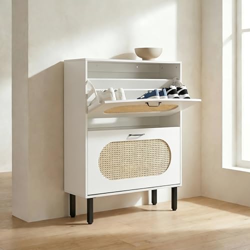SUNCROWN 2 Flip Drawers Shoe Storage Cabinet, Freestanding Narrow Entryway Organizer, Natural Semi-Circular Rattan Doors, Adjustable Shelves & Anti-Tip Kit, White - color: White, size: Style A