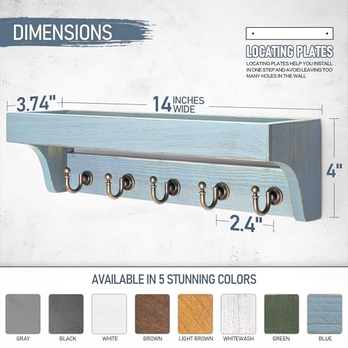 Rebee Vision Farmhouse Pine Wood Key Holder Wall Mount for Home Decor - Rustic Wall Key Holder with Shelf for Home Improvement - Ideal Entryway Organizer in Living Room (Distressed Blue) - color: Distressed Blue