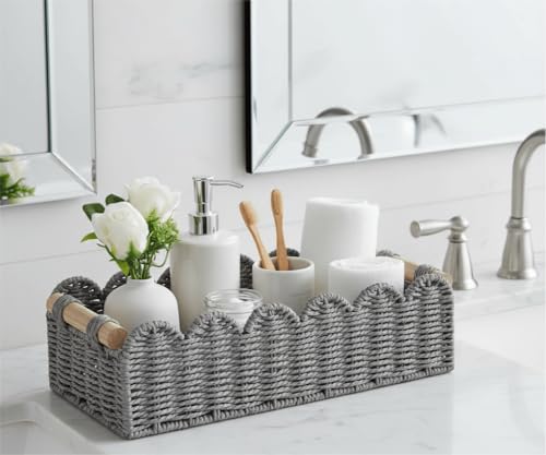 CubesLand Scalloped Edge Toilet Paper Storage Basket, Living Room Home Cozy Decor Basket, Paper Rope Small Baskets for Over Toilet Storage Shelf, End Table, Shelves, with 2 Wooden Handles, Grey - color: Grey, size: M - 14"L x 6.3"W x 3.9"H