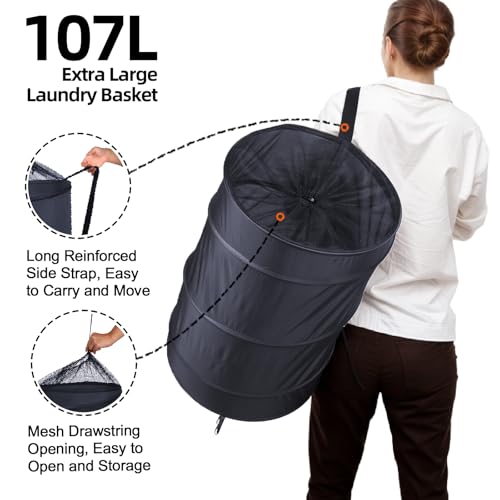 BATTOO Collapsible Laundry Baskets- Foldable Hamper for Laundry Extra Large Pop Up Laundry Hamper 107L with Long Straps Drawstring Clothes Hamper for Bathroom, Campout, Dorm or Travel Navy - color: Navy, size: 17.5"x27"