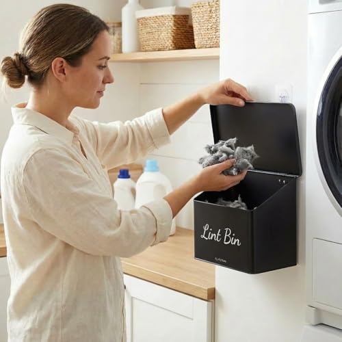 Metal Magnetic Lint Bin With Lid For Laundry Room Decor With Small Lint Holder Bin| Metal Box| Lint Holder Bins for Organzation (Black, Small) - color: Black