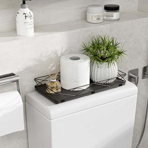 Lixple Toilet Paper Basket Holder, 13" Toilet Tank Tray, Wood and Metal Toilet Tray Vanity Organizer Bathroom Tray, Kitchen Sink Organizer for Soap Dispenser (Black) - color: Black