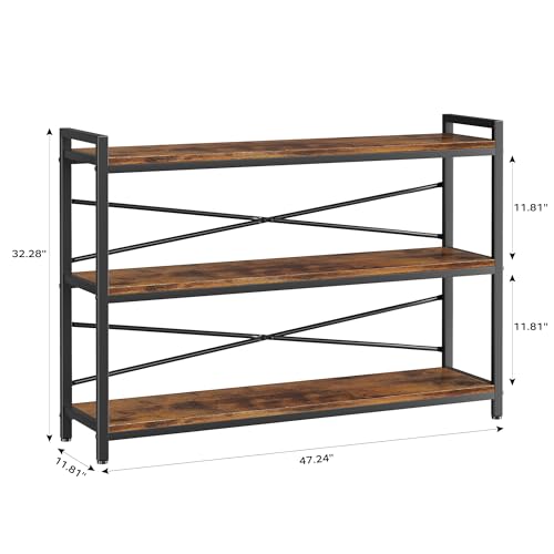3 Tier Bookshelf 47.24" Width, Wood and Metal Etagere Bookcase, Vintage Farmhouse Modern Wooden Large Book Shelf for Home Living Room Bedroom Office Storage(Rustic Brown) - color: Rustic, size: 3 Tier - 47.2" W