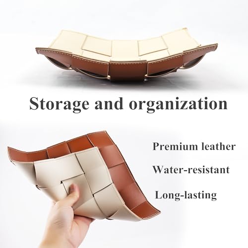 PU Leather Valet Tray for Men, Key Bowl for Entryway Table, Bedside Nightstand Desk Catchall Storage Organizer Tray, EDC Dump Tray for Wallet, Keys, Coin, Jewelry(1-Beige Brown)