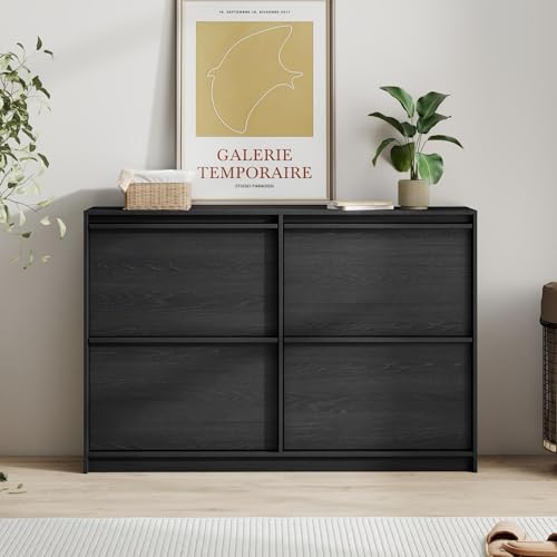 Shoe Storage Cabinet for Entryway with 4 Flip Drawers, Wooden Shoe Organizer Cabinet with Adjustable Shelf, Slim Freestanding Shoe Rack for Entryway, Hallway, Living Room, Black - color: Black