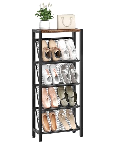 CHOEZON Shoe Rack, 5-Tier Slanted Shoe Rack, Narrow Shoe Storage Shelf, Slim Shoe Organizer for Entryway, Space-Saving, Wooden Top and Metal Frame, for Entryway, Hallway Rustic Brown and Black TXJ03BF - color: Rustic Brown, Black
