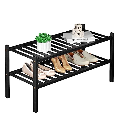 ROMGUAR CRAFT 2 Tier Bamboo Shoe Rack for Closet Free Standing Wood Shoe Shelf for Entryway Small Space Stackable 27"x11"x13" (Black) - color: Black, size: 2 Tier