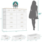 VASICAR White Dresser for Bedroom with 12 Deep Drawers, Wide Chest of Drawers, 55" TV Stand with Retro Wood Top, Tall Fabric Dresser for Closet, Nursery - color: White-retro Top