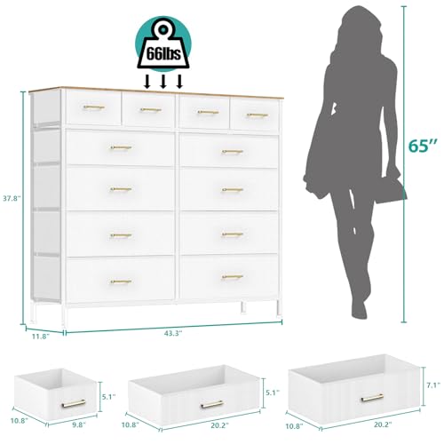VASICAR White Dresser for Bedroom with 12 Deep Drawers, Wide Chest of Drawers, 55" TV Stand with Retro Wood Top, Tall Fabric Dresser for Closet, Nursery - color: White-retro Top
