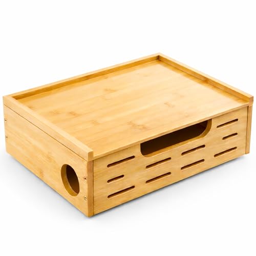 Cable Management Box – Large Extension Cable Organizer Box for Power Strips Floor Outlet Hider Durable Bamboo Cord Hider for Home Office Under Desk & Floor TV Wires Computer Router USB Hub Cables