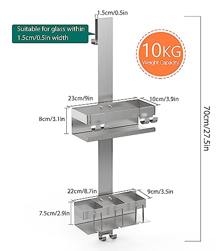 Emibele Over The Door Shower Caddy 2 Tier, 304 Stainless Steel Hanging Shower Caddy Rustproof Shower Shelves, No Drilling Hanging Shower Organizer for Bathroom Glass Door, Silver - color: Silver, style: 2-Tier