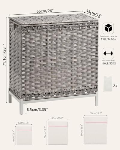 SETVSON Laundry Hamper with Lid 132 L, (35 Gallons) Clothes Hamper with Lid, Handwoven Rattan Laundry Hamper with Metal Heightened Feet, Laundry Hampers with 3 Removable Liner Bags for Laundry-Gray - color: Gray, size: 132 L - 35 gal