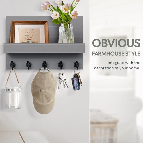 HONJIN Key and Mail Holder for Wall: Rustic Key Hanger Key Rack Organizer with 5 Sturdy Key Hooks for Entryway Bedroom Kitchen House Decor (Grey) - color: Gray
