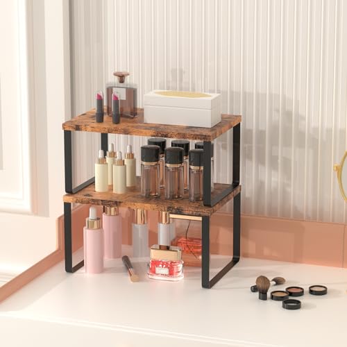 Set of 4 Counter Shelves Kitchen Stackable Cabinet Shelf Wood Organizer Expandable Counter Top Racks Brown Bathroom Counter organizer - color: Brown