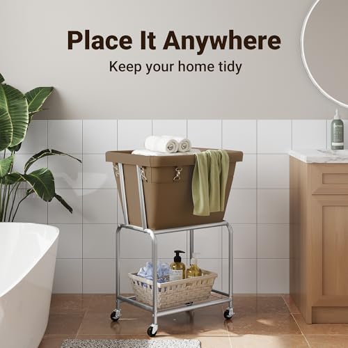 ELYKEN Rolling Laundry Hamper with Wheels, Laundry Cart with Removable Bag, Heavy Duty Metal Frame, 2-Tier Clothes Basket Hamper with Shelf for Closet, Bedroom, Bathroom, Laundry Room, Camel Brown - color: Camel Brown, size: 20.3"l X 15.9"w X 30.9"h