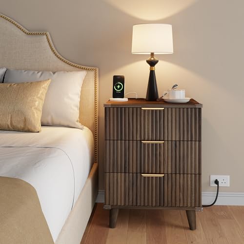 Lulive Wood Nightstand with Charging Station, 3 Drawers Fluted Design, Modern End Table for Bedroom Walnut - color: Walnut, size: 3 Drawers-Set of 1 Nightstand