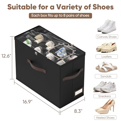 OIAHOMY 4 Pack Shoe Organizer for Closet, Foldable Shoe Storage Bins with Adjustable Dividers, Stackable Oxford Cloth Sneaker Boxes for Entryway Bedroom, Fits Up to 32 Pairs, Black - color: Black, size: 4 Pack