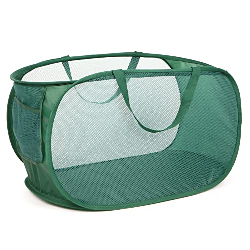 Sturdy Mesh Pop Up Laundry Hamper, Collapsible Laundry Baskets with Side Pocket, Foldable Clothes Hamper with Reinforced Carry Handles for Laundry, Bathroom, Kids Room, Dorm or Travel Emerald - color: Emerald
