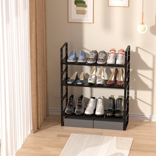 Multi-Functional Metal Shoe Rack,Expandable Adjustable Stackable Kitchen Organizer,Metal Shelf risers for cabinets, Kitchens,Closet and Bathroom(1Pack/Black/Large) - color: Black, size: 1 PACK/BLACK/LARGE