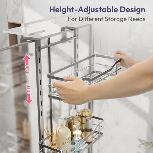 SWTYMIKI Over the Door Shower Caddy - 3 Tier Adjustable Shower Organizer Hanging with Soap Holder, No Drilling Stainless Steel Bathroom Rack Hanging for Body Wash, Shampoo, Soap, Razor, Silver - color: Silver-3 Tier