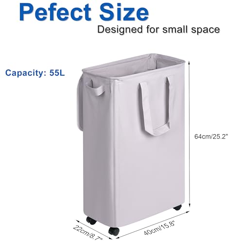 Vincona Slim Laundry Hamper with Lid and Wheels, Small Rolling Laundry Basket with Handle for Small Spaces, Tall Dirty Clothes Hampers for Dorm, Bathroom and Bedroom, 55L, Grey - color: Grey, size: 55L