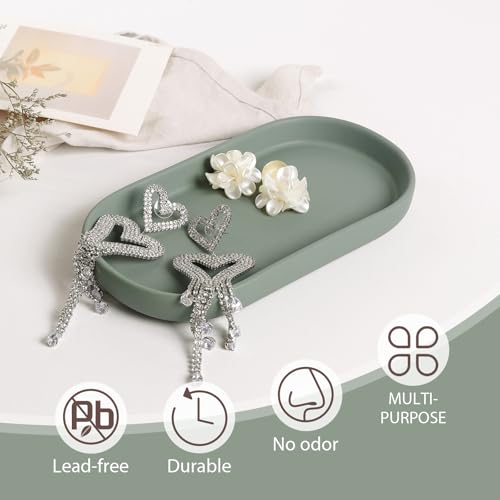 Ceramic Jewelry Tray – Oval Vanity Dish for Rings, Earrings, Bracelets – Minimalist Decorative Trinket Holder for Dresser, Bathroom, Nightstand – Matte Green - color: Green_1pcs