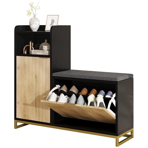 L-Shaped Shoe Storage Bench with Cushioned Seat & 2 Flip Drawer, 39'' Entryway Bench with Wave Door & Adjustable Shelves, Farmhouse Bench Cabinet for Entryway, Hallway (Natural & Black) - color: Natural & Black, size: 39" Inch
