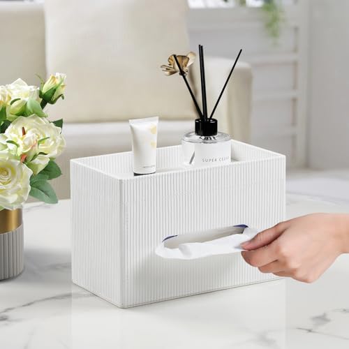 Tissue Box Cover Rectangle with Storage Tray, PU Leather Tissue Holder for Bathroom Vanity Countertop Night Stands Bedroom Office Desk, Stylish Rectangular Tissue Box Holder (Ivory) - color: Ivory