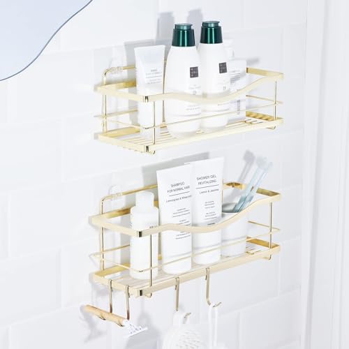 KINCMAX Shower Caddy Organizer - Self Adhesive Wall Shower Shelf - Stainless Steel Bath Shampoo Holder and Storage Rack - color: Gold, size: 2-Pack Caddies