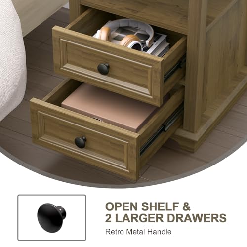 REDAYFUR 18" Wide End Table with Charging Station Set of 2, Fast Charge End Table Set of 2, Large 18” Bedside Table with Drawers, Storage Cabinet with Open Shelf for Bedroom, Natural - color: Light Brown, size: 1 Set